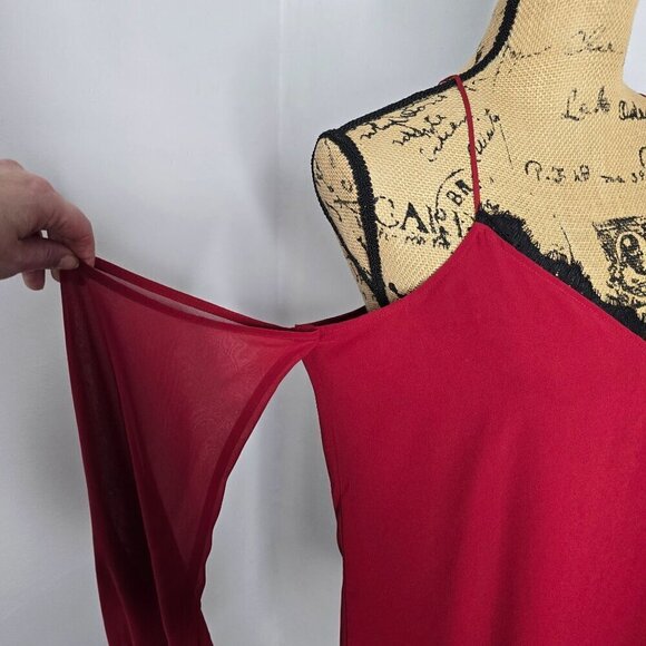 Red Cold Shoulder Black Lace Trim Chiffon Sleeve Express Top Medium - Picture 6 of 9